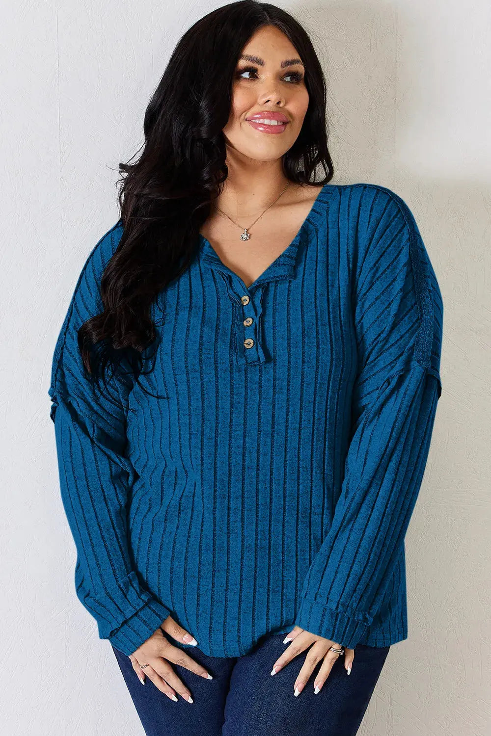 Basic Bae Full Size Ribbed Half Button Long Sleeve T‑Shirt | Partner Labels Selection by Partner Label
