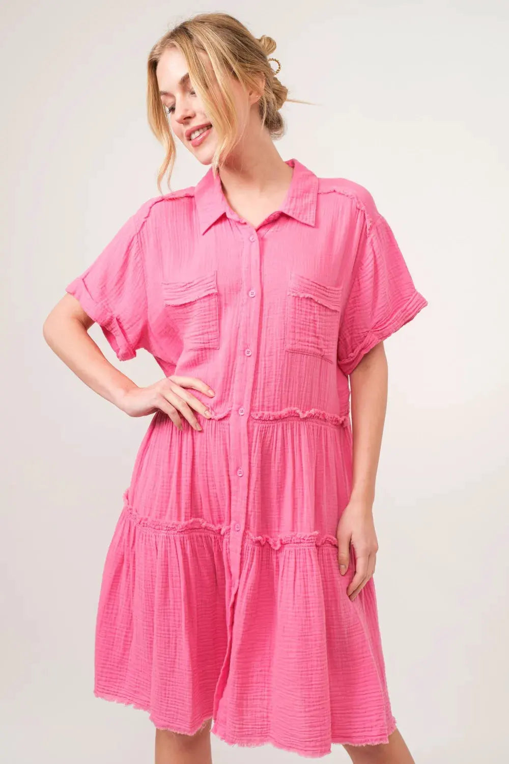 And The Why Full Size Raw Edge Washed Tiered Shirt Dress by And The Why