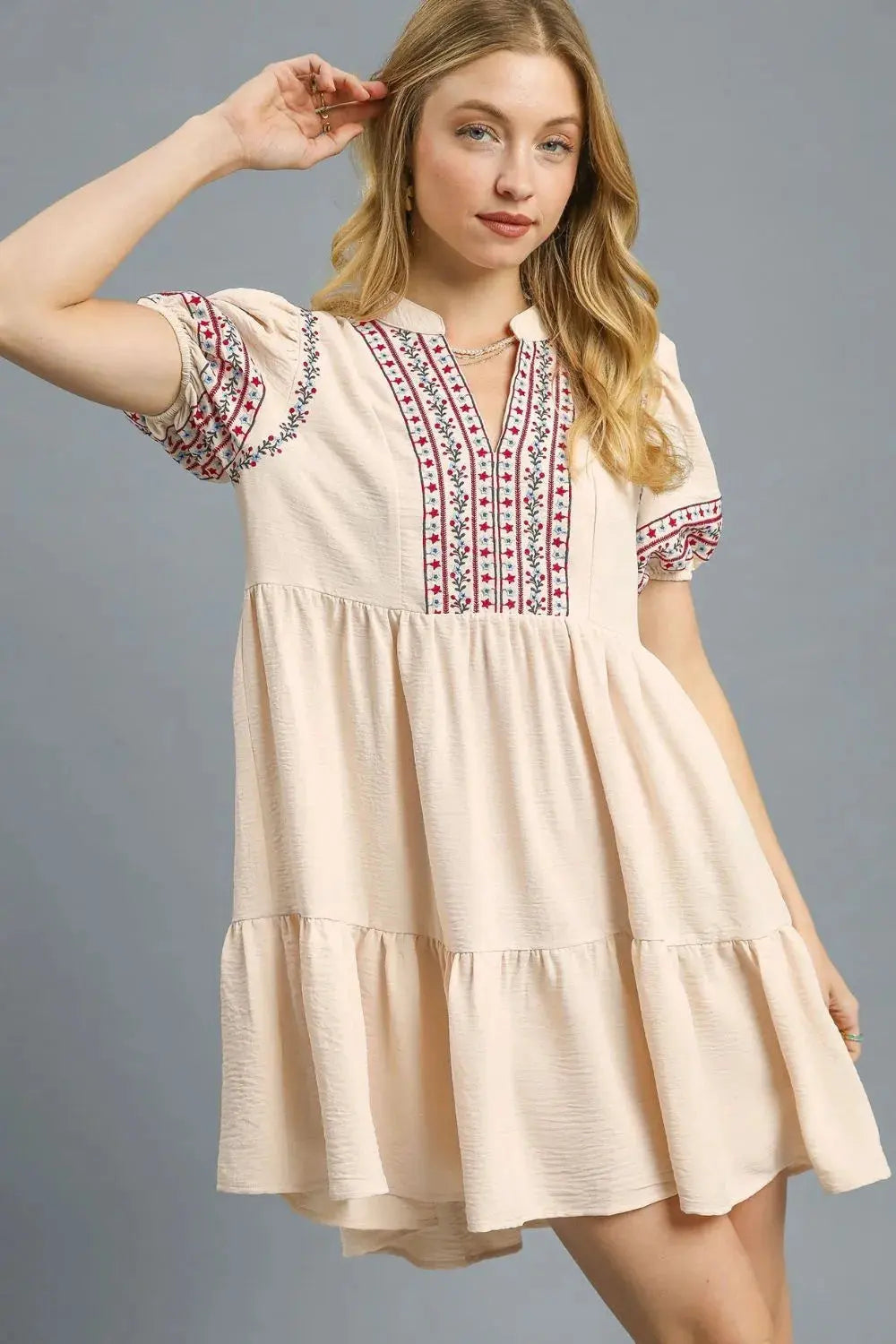 Umgee Floral Trim Puff Sleeve Mini Dress by Umgee USA