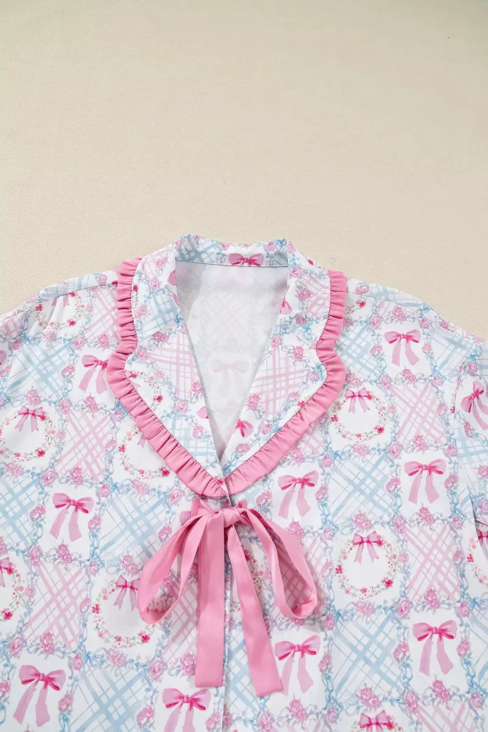 Wreath Pattern Christmas Tied Front Long Sleeve 2pcs Pajama Set by Partner Label