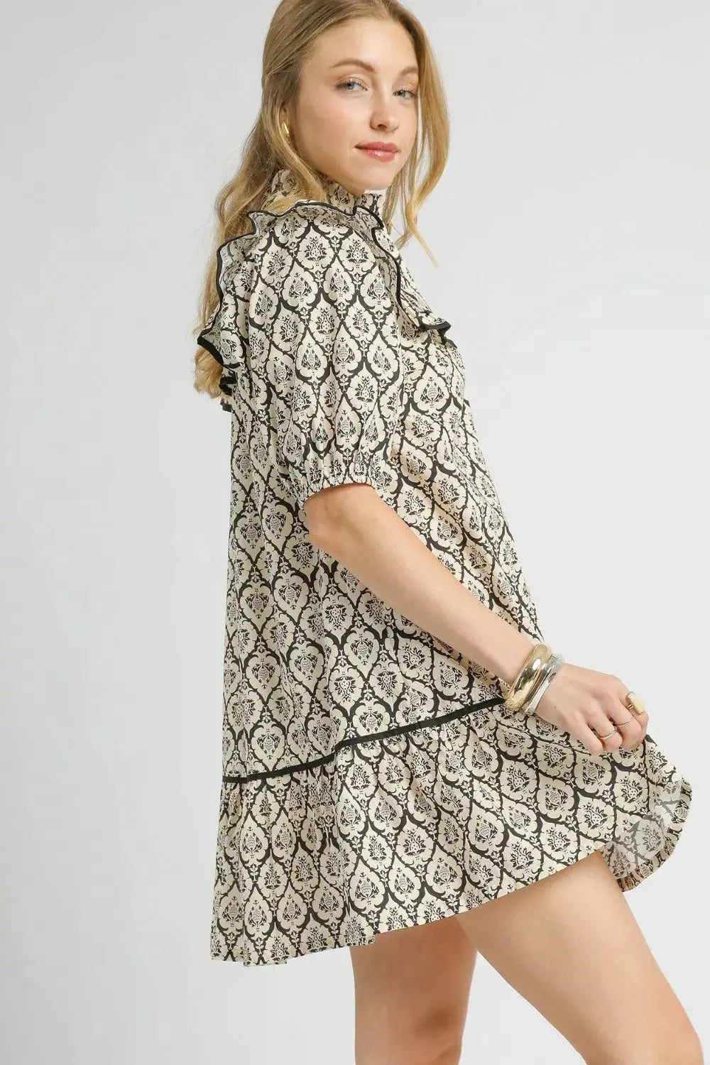 Umgee Ruffled Printed Puff Sleeve Mini Dress by Umgee USA