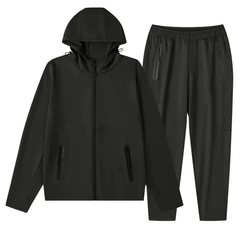 Men's Plus Size Drawstring Zip Up Hooded Top and Pants Set by Partner Label