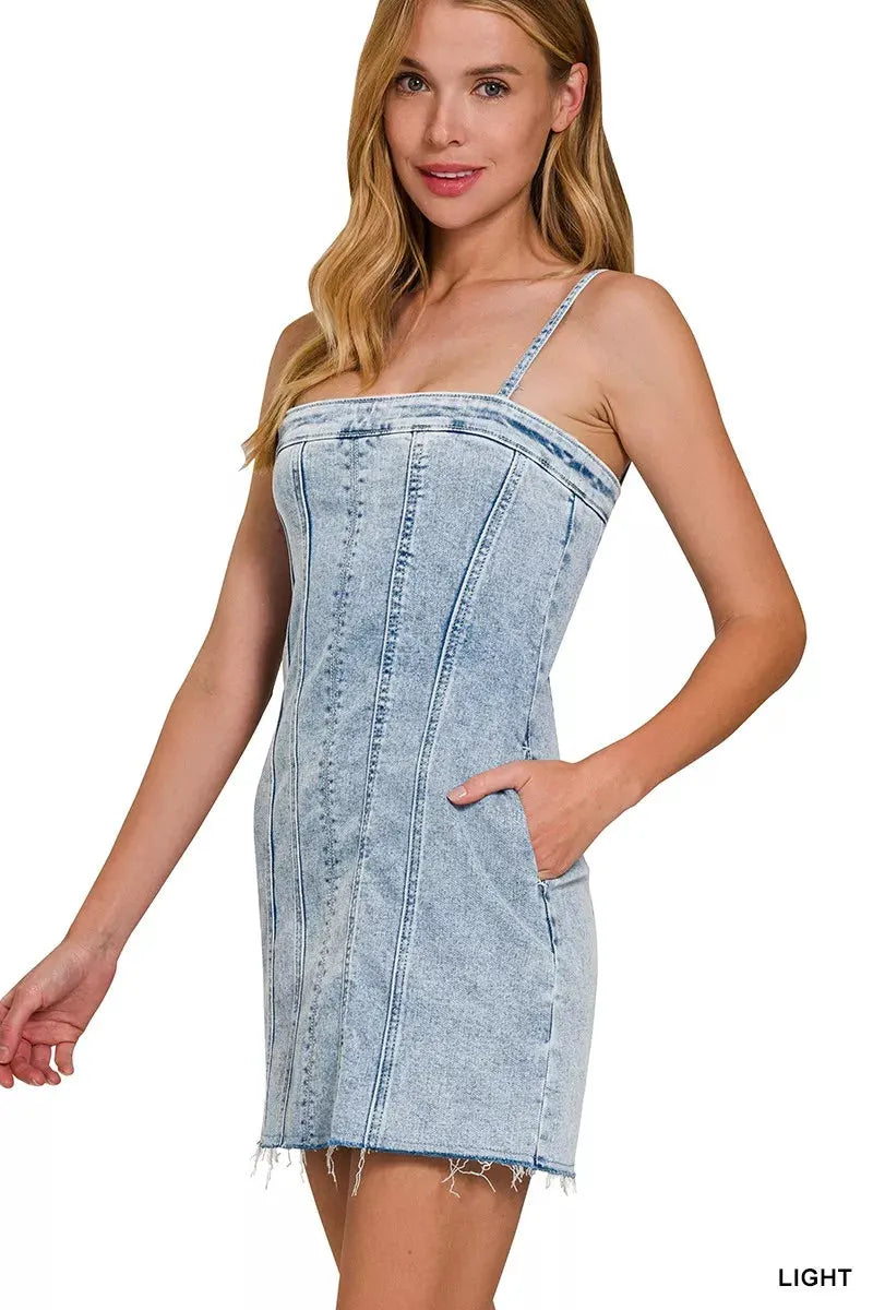 Zenana Spaghetti Strap Exposed Seam Light-Wash Dress by Zenana