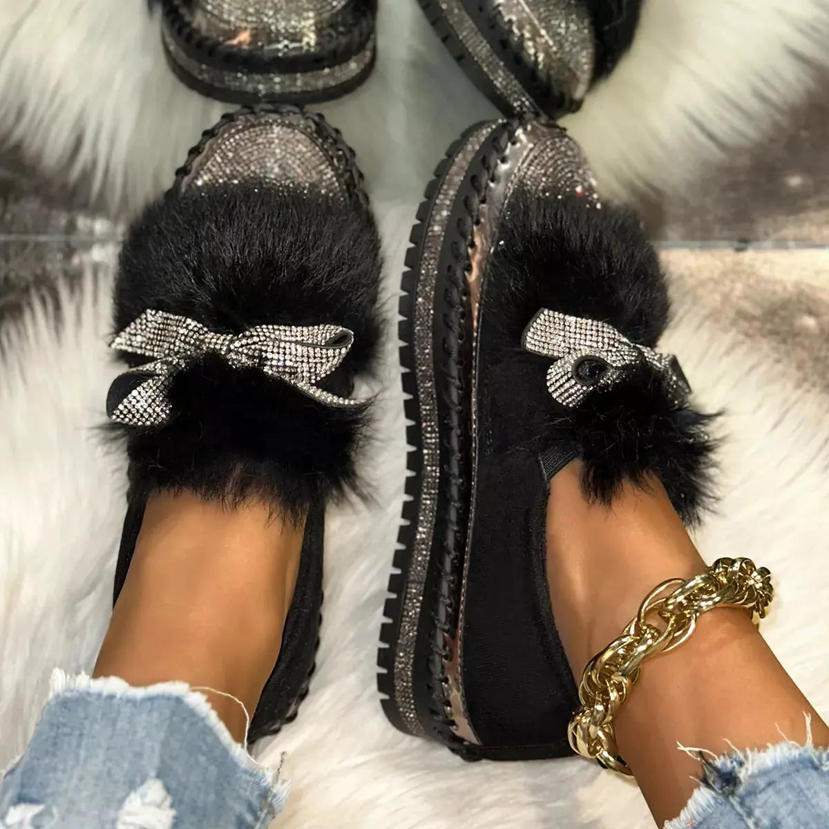 Fuzzy Bowknot Rhinestone Platform Loafers by Partner Label