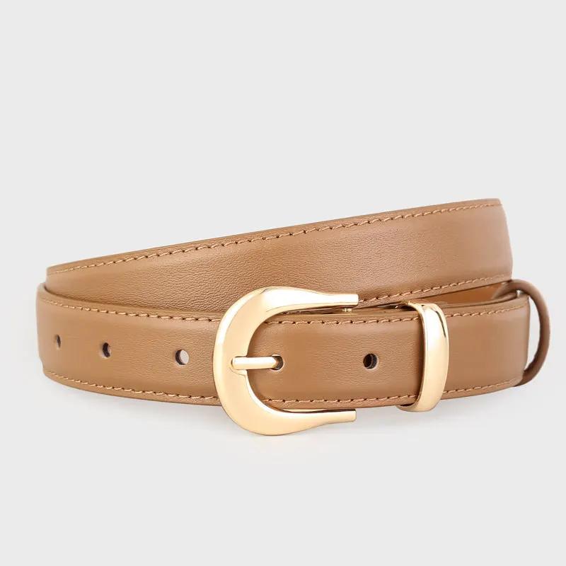 Leather Skinny Belt with Golden Buckle by Trendsi