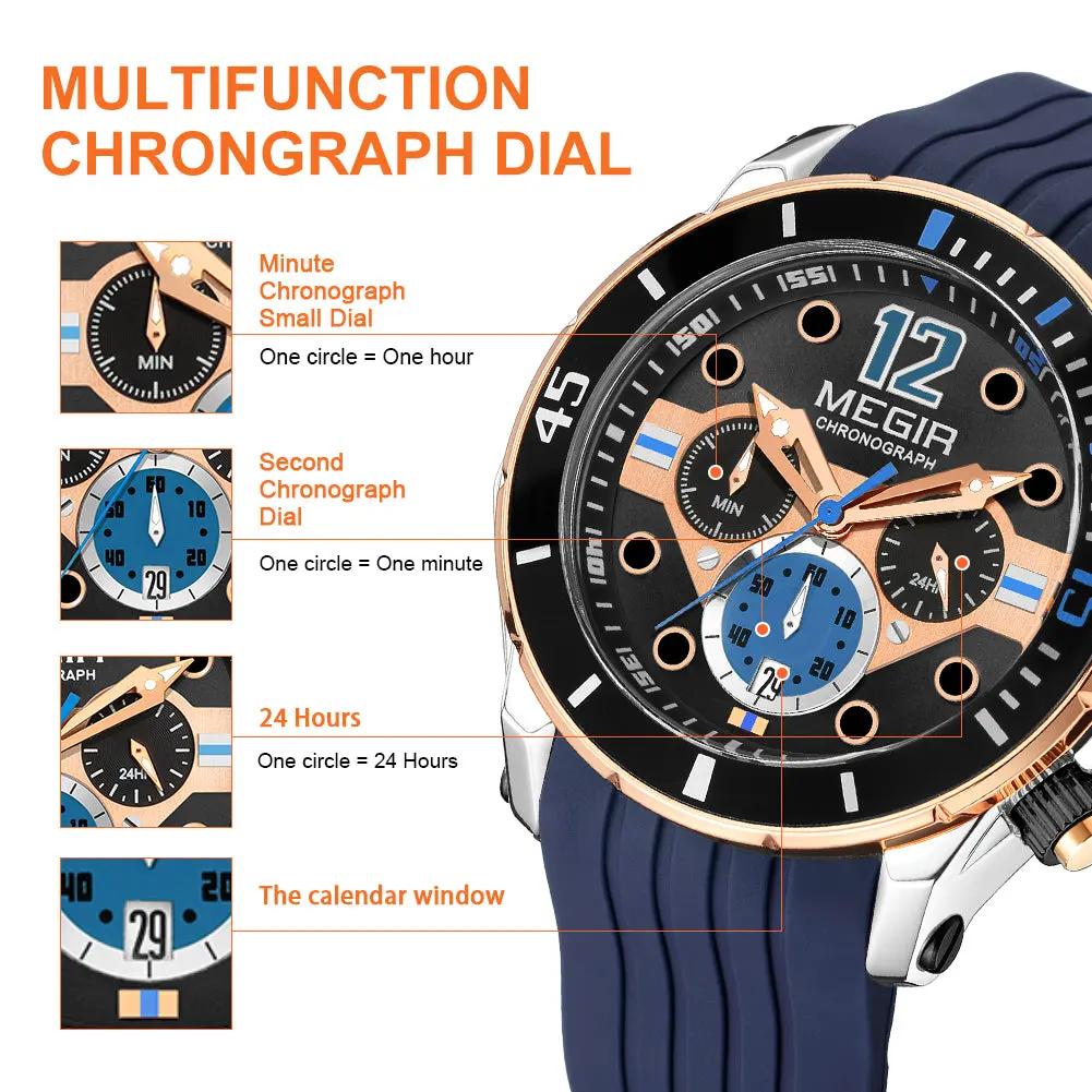 MEGIR Men's Sport Watches Chronograph Silicone Strap Waterproof Calendar Quartz Military Wristwatch Male Clock Relogio Masculino 2206 by MEGIR WATCH GROUP