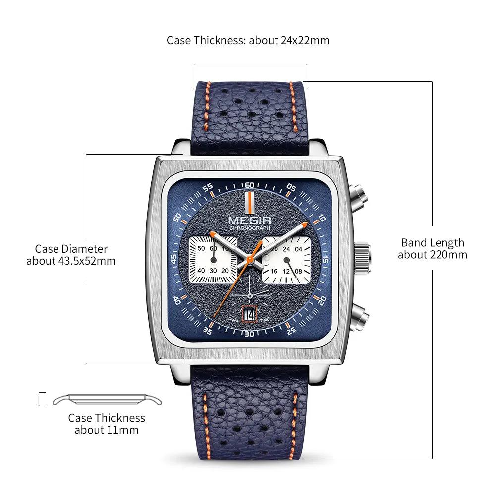MEGIR Watches for Men Luxury Black Sports Casual Chronograph Waterproof Calendar Square Dial Wristwatches with Date Clock 2182 by MEGIR WATCH GROUP