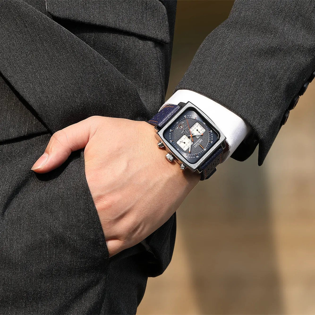 MEGIR Watches for Men Luxury Black Sports Casual Chronograph Waterproof Calendar Square Dial Wristwatches with Date Clock 2182 by MEGIR WATCH GROUP
