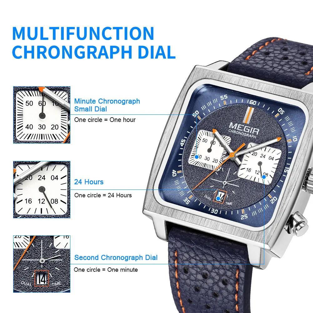 MEGIR Watches for Men Luxury Black Sports Casual Chronograph Waterproof Calendar Square Dial Wristwatches with Date Clock 2182 by MEGIR WATCH GROUP