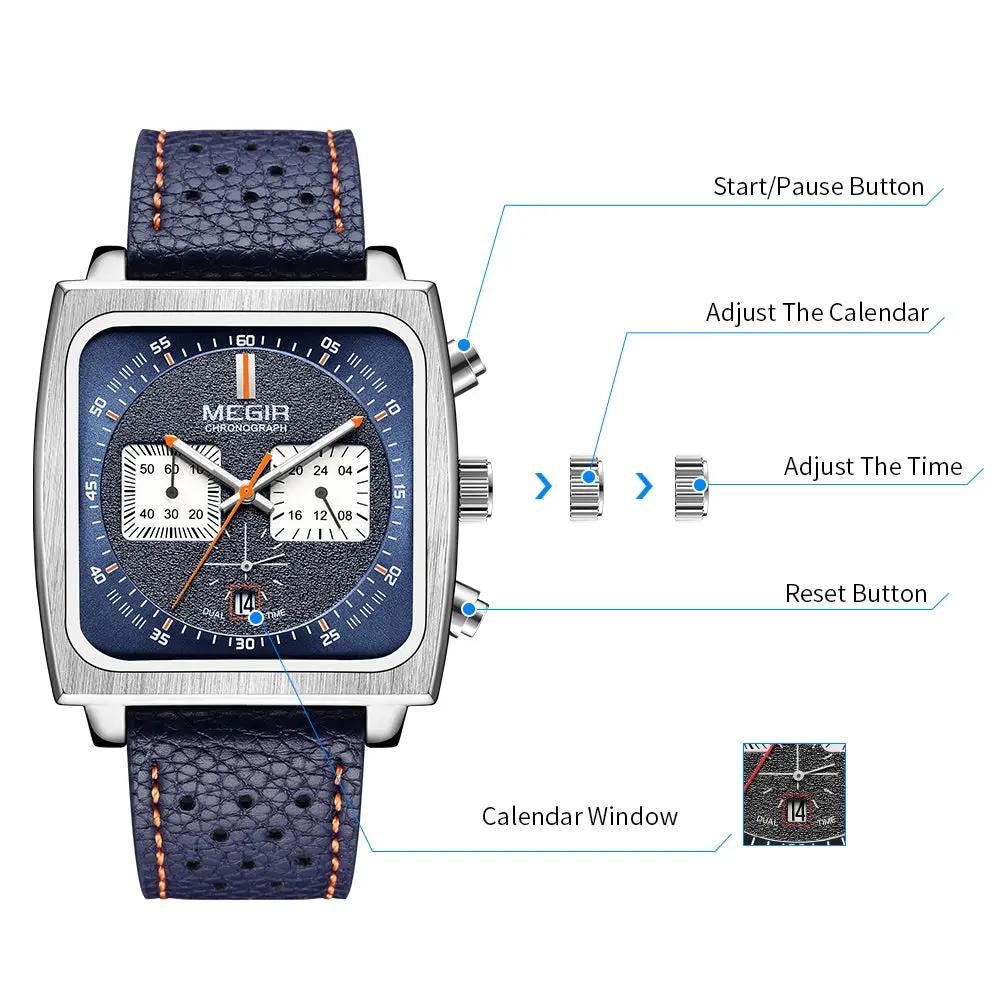 MEGIR Watches for Men Luxury Black Sports Casual Chronograph Waterproof Calendar Square Dial Wristwatches with Date Clock 2182 by MEGIR WATCH GROUP