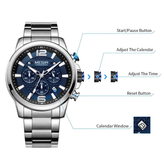 MEGIR Luxury Business Men Watch Fashion Quartz Sport Chronograph Luminous Waterproof Calendar Stainless Steel Male Wristwatch 2156 by MEGIR WATCH GROUP