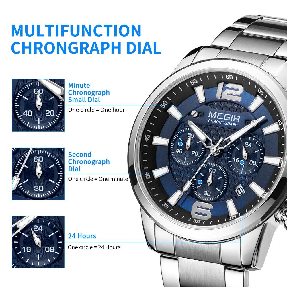 MEGIR Luxury Business Men Watch Fashion Quartz Sport Chronograph Luminous Waterproof Calendar Stainless Steel Male Wristwatch 2156 by MEGIR WATCH GROUP