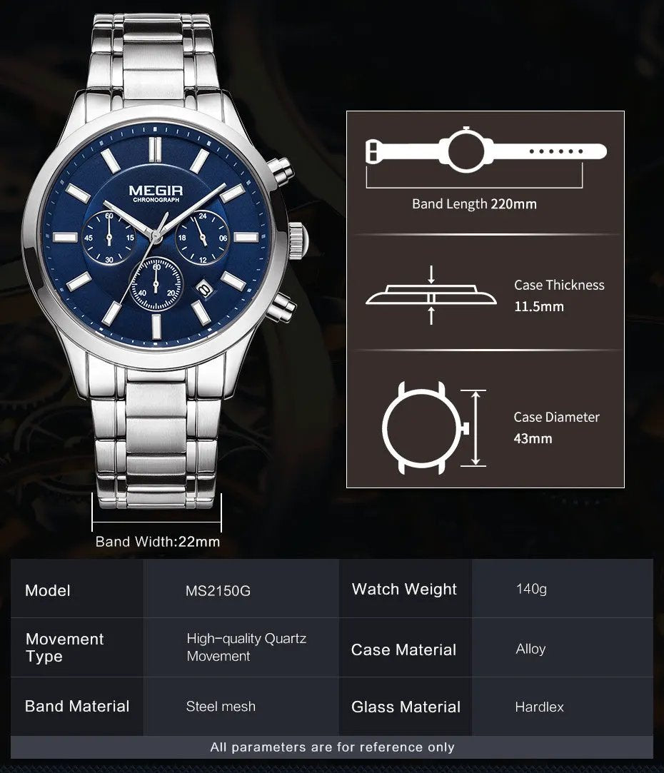 MEGIR Stainless Steel Waterproof Wrist Watches for Men Luminous Chronograph Business Quartz Men's Casual Clock Reloj Hombre 2150 by MEGIR WATCH GROUP
