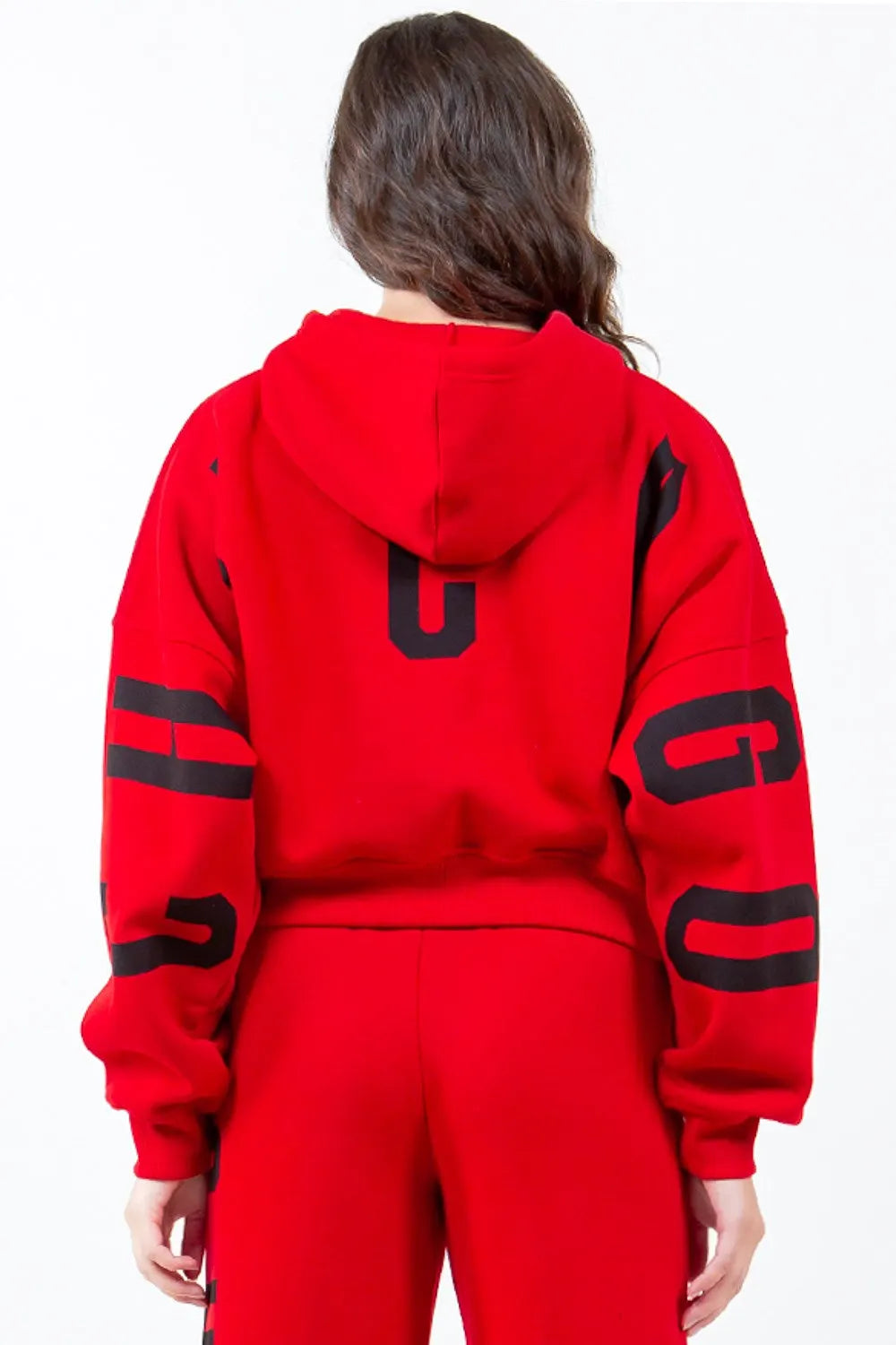 American Bazi Letter Graphic Long Sleeve Drawstring Cropped Hoodie by American Bazi