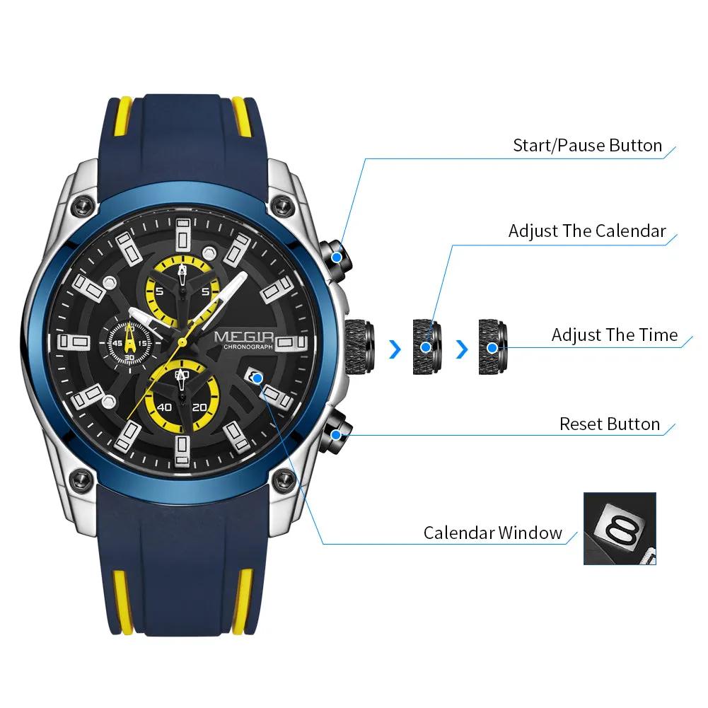 MEGIR Original Blue Sport Watches for Men Luxury Chronograph Man Military Quartz Wristwatch Clock Luminous Big Dial Reloj Hombre 2144 by MEGIR WATCH GROUP