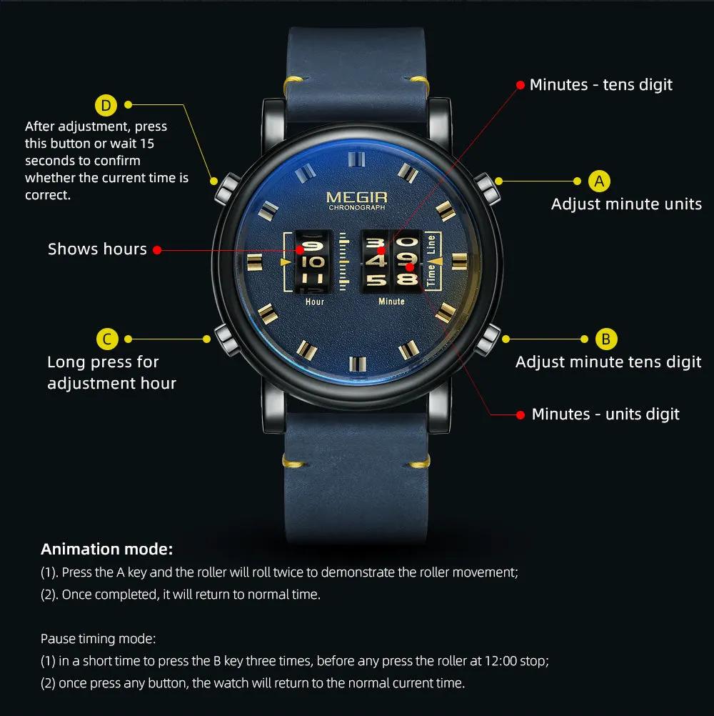 MEGIR Roller Pointer Watches for Men Fashion Luxury Military Sport Watch Leather Strap Quartz Wristwatch Clock Relogio Mascilino 2137 by MEGIR WATCH GROUP