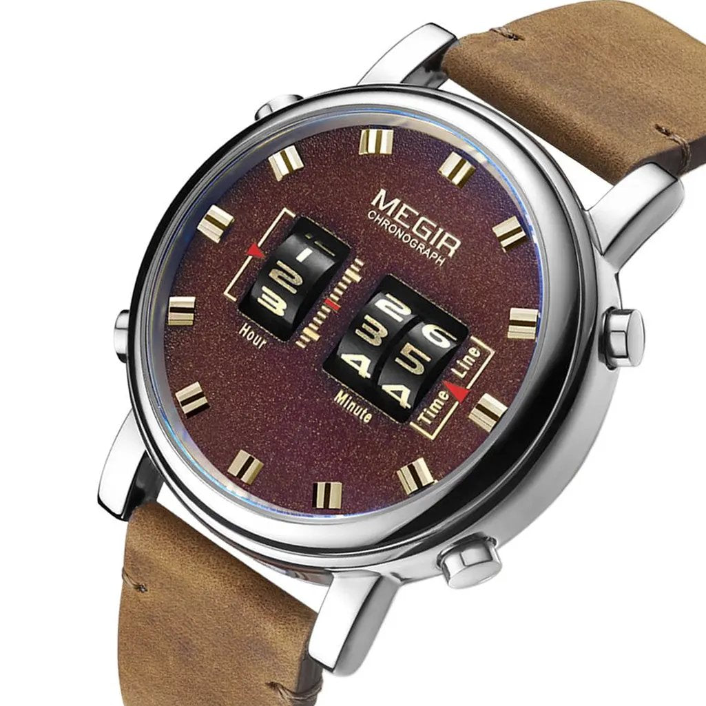 MEGIR Roller Pointer Watches for Men Fashion Luxury Military Sport Watch Leather Strap Quartz Wristwatch Clock Relogio Mascilino 2137 by MEGIR WATCH GROUP