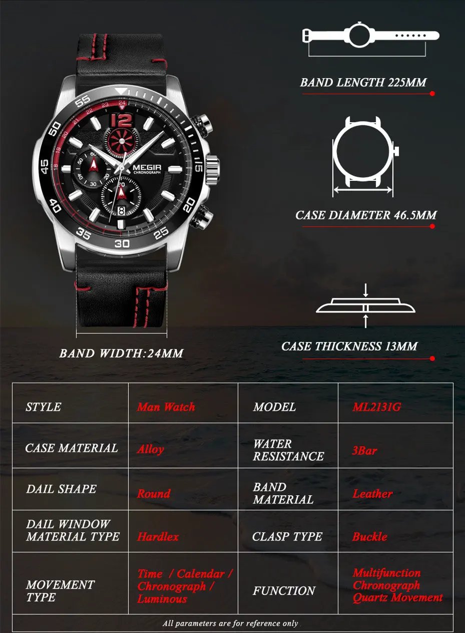 MEGIR Black Luxury Men's Wrist Watch Man Leather Strap Waterproof Chronograph Sports Men Watches Clock Hour Quartz Wristwatches 2131 by MEGIR WATCH GROUP