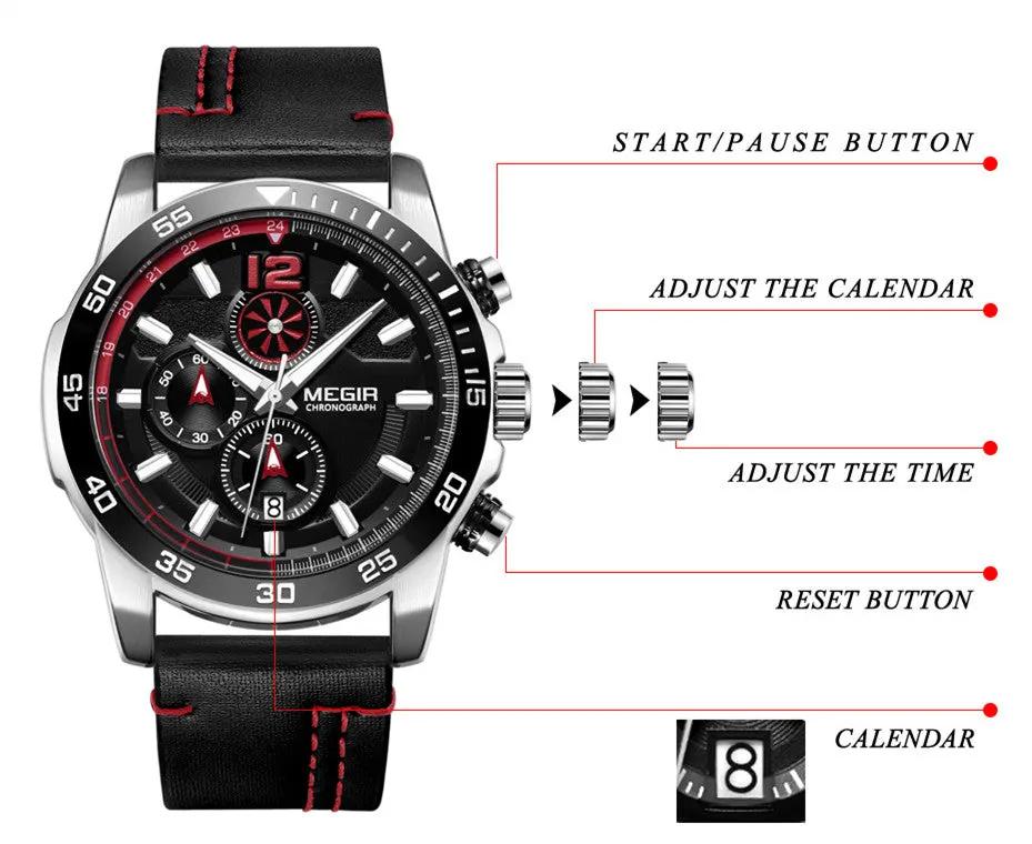 MEGIR Black Luxury Men's Wrist Watch Man Leather Strap Waterproof Chronograph Sports Men Watches Clock Hour Quartz Wristwatches 2131 by MEGIR WATCH GROUP