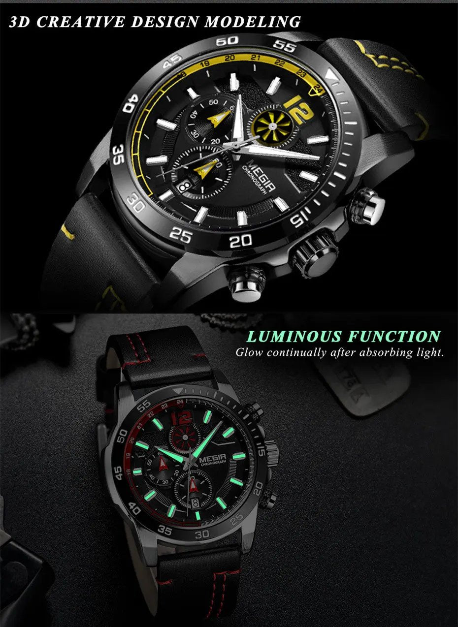 MEGIR Black Luxury Men's Wrist Watch Man Leather Strap Waterproof Chronograph Sports Men Watches Clock Hour Quartz Wristwatches 2131 by MEGIR WATCH GROUP