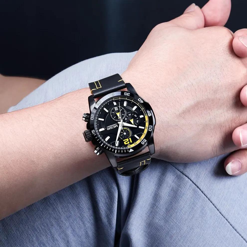 MEGIR Black Luxury Men's Wrist Watch Man Leather Strap Waterproof Chronograph Sports Men Watches Clock Hour Quartz Wristwatches 2131 by MEGIR WATCH GROUP
