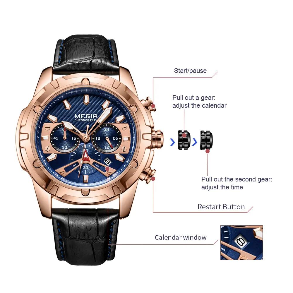 MEGIR Luxury Men Sport Watches Leather Military Quartz Wristwatch Waterproof Man Chronograph Clock 24 hour Montre Homme 2102 by MEGIR WATCH GROUP