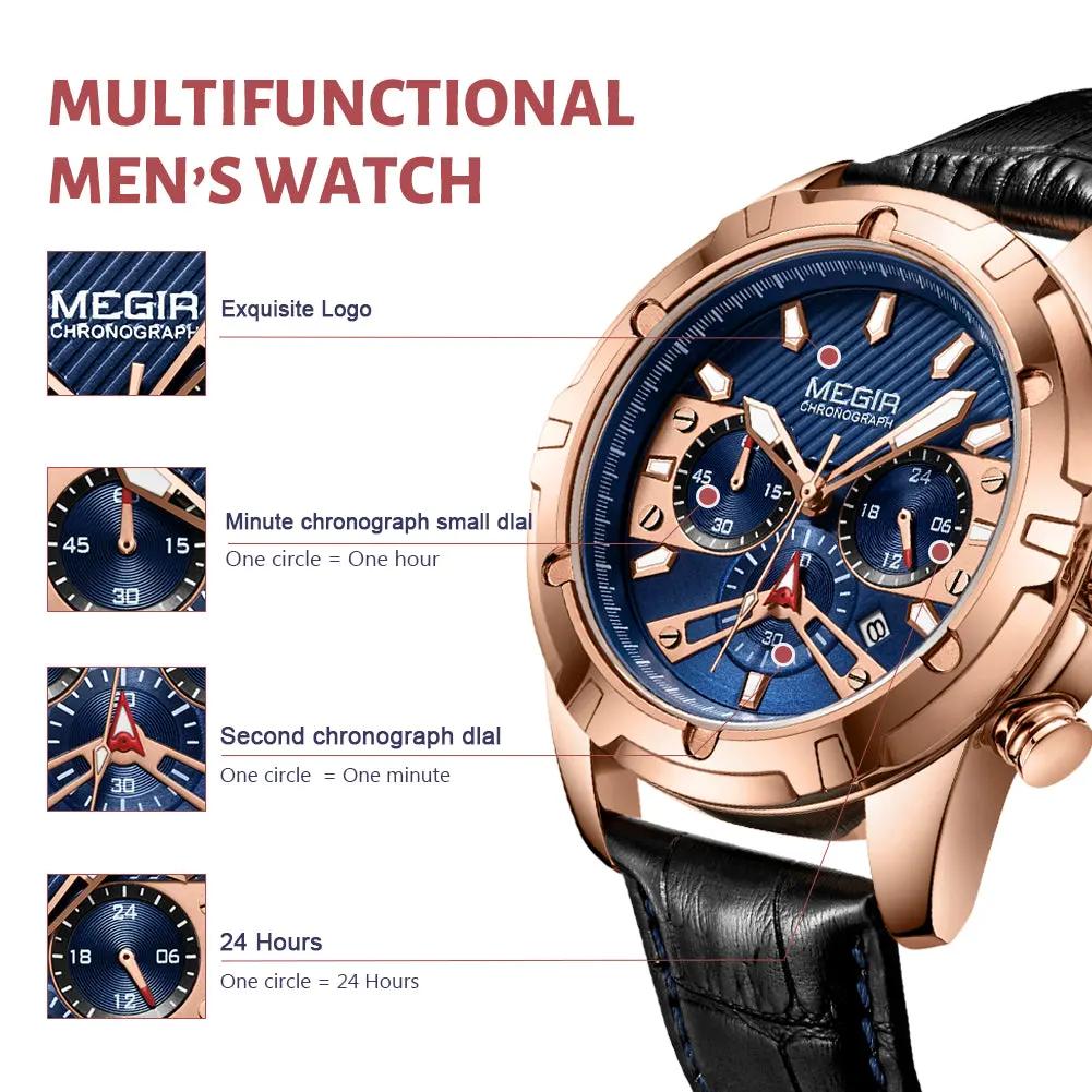 MEGIR Luxury Men Sport Watches Leather Military Quartz Wristwatch Waterproof Man Chronograph Clock 24 hour Montre Homme 2102 by MEGIR WATCH GROUP