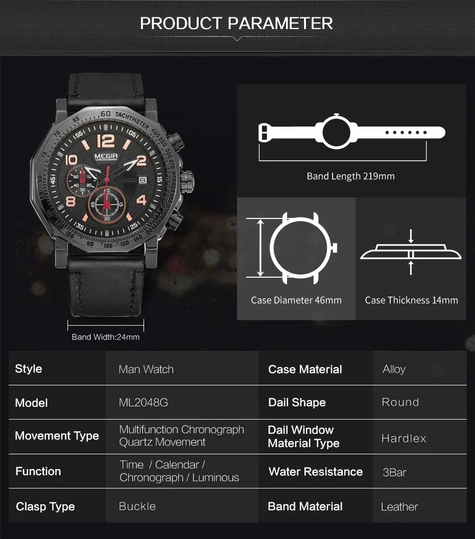 MEGIR Men's Sport Watch Large Dial Quartz Luminous Wristwatch Date Clock Fashion Relogio Masculino Leather Chronograph for Men 2048 by MEGIR WATCH GROUP
