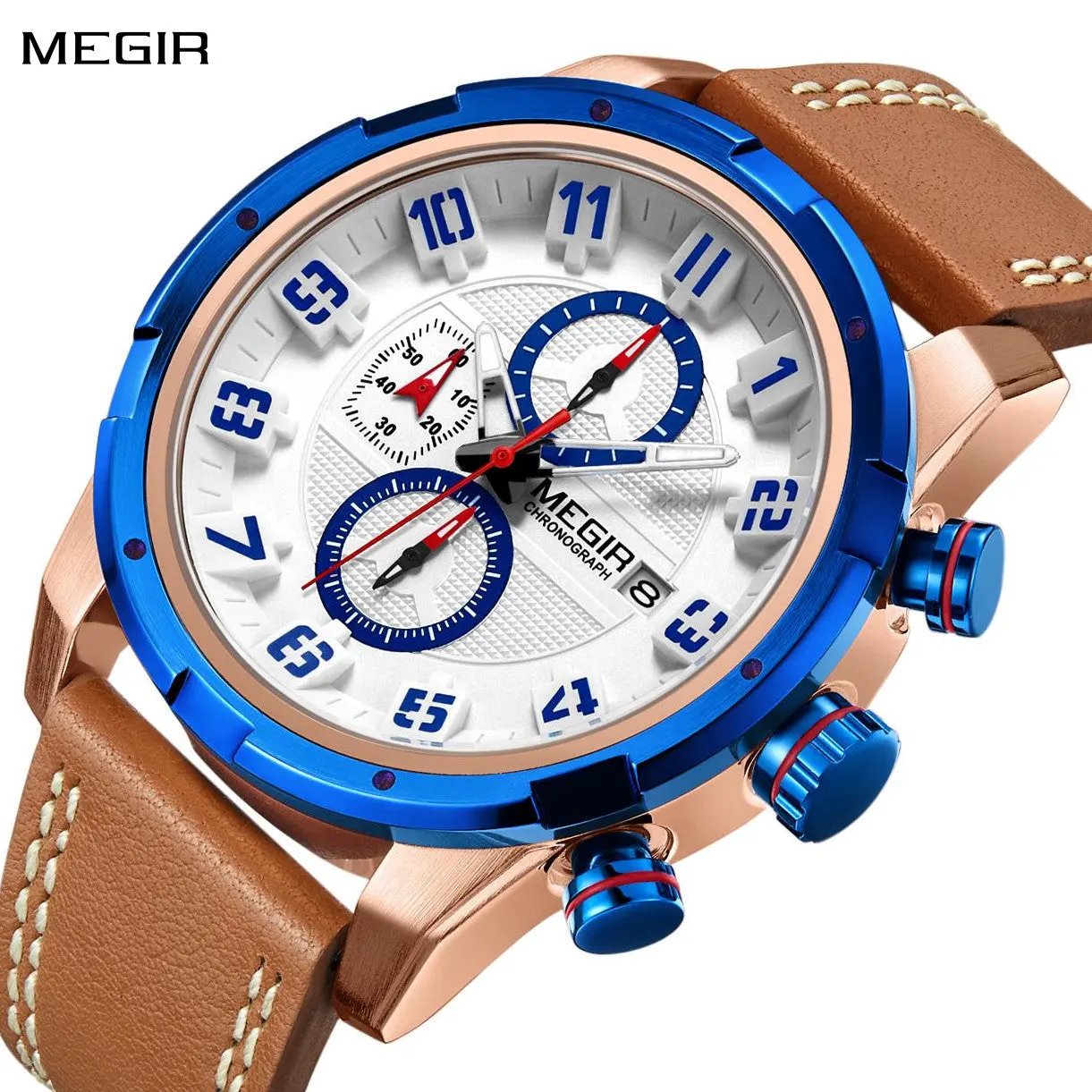 MEGIR Sport Watch for Men Leather Strap Quartz Military Wristwatch with Chronograph Waterproof Calendar Clock Reloj Hombre 2082 by MEGIR WATCH GROUP