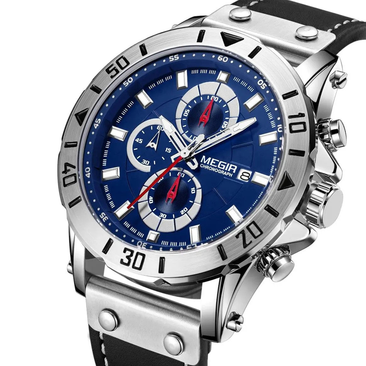 MEGIR Watch Men's Military Sport Wrist Watches Waterproof Leather Quartz Chronograph Calendar Luminous Clock Watch for Man 2081 by MEGIR WATCH GROUP