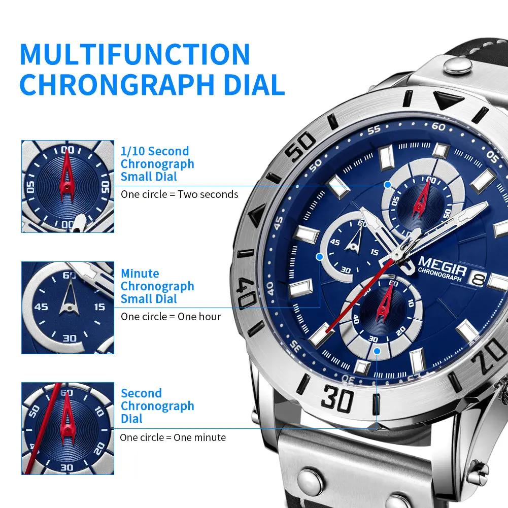 MEGIR Watch Men's Military Sport Wrist Watches Waterproof Leather Quartz Chronograph Calendar Luminous Clock Watch for Man 2081 by MEGIR WATCH GROUP