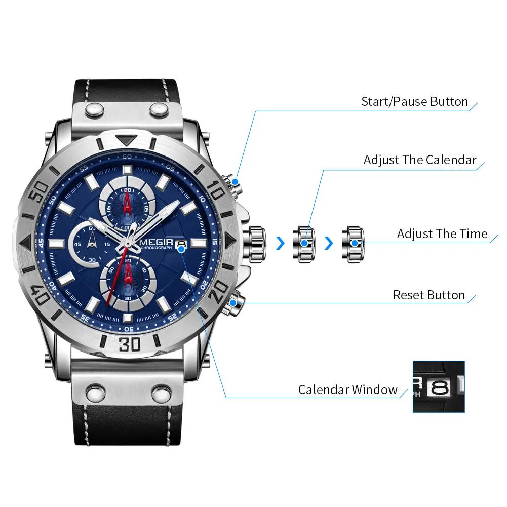 MEGIR Watch Men's Military Sport Wrist Watches Waterproof Leather Quartz Chronograph Calendar Luminous Clock Watch for Man 2081 by MEGIR WATCH GROUP