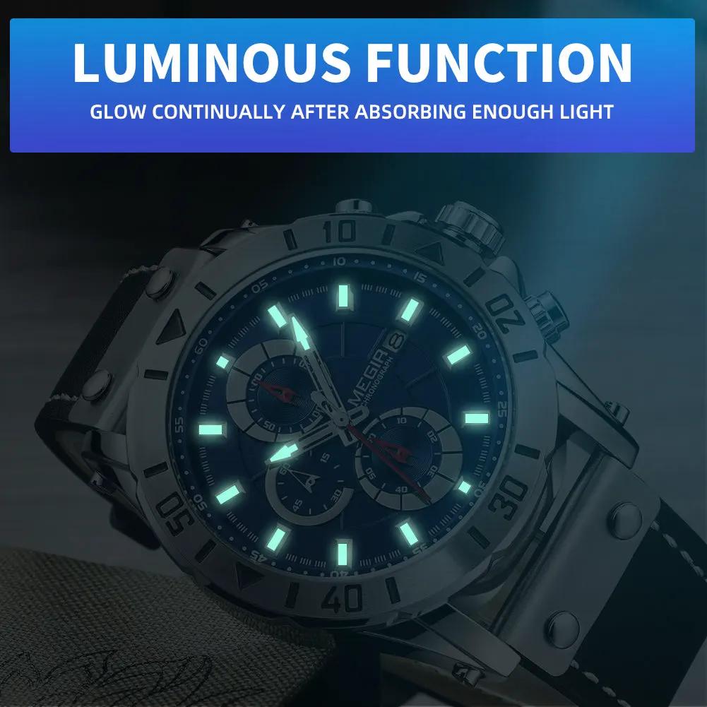 MEGIR Watch Men's Military Sport Wrist Watches Waterproof Leather Quartz Chronograph Calendar Luminous Clock Watch for Man 2081 by MEGIR WATCH GROUP