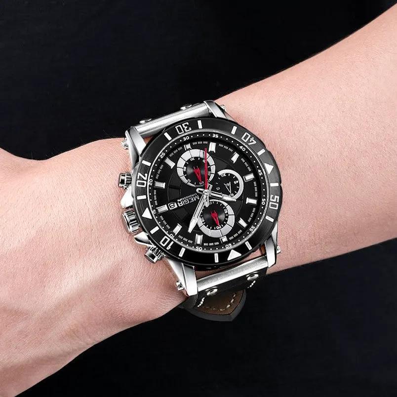 MEGIR Watch Men's Military Sport Wrist Watches Waterproof Leather Quartz Chronograph Calendar Luminous Clock Watch for Man 2081 by MEGIR WATCH GROUP