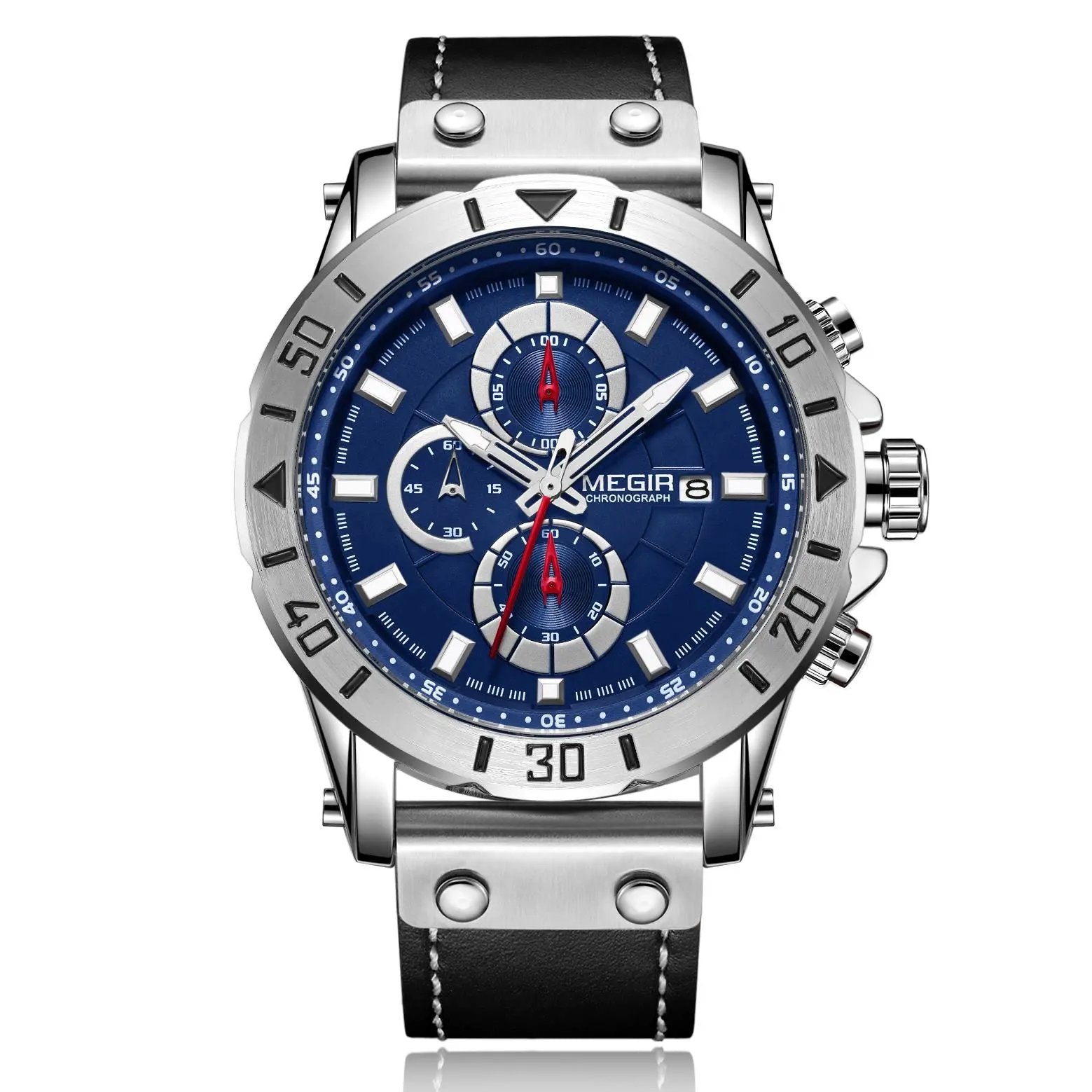 MEGIR Watch Men's Military Sport Wrist Watches Waterproof Leather Quartz Chronograph Calendar Luminous Clock Watch for Man 2081 by MEGIR WATCH GROUP