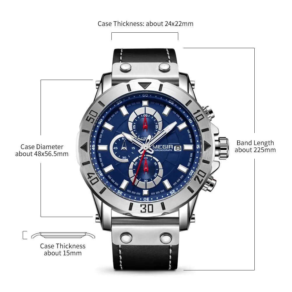 MEGIR Watch Men's Military Sport Wrist Watches Waterproof Leather Quartz Chronograph Calendar Luminous Clock Watch for Man 2081 by MEGIR WATCH GROUP