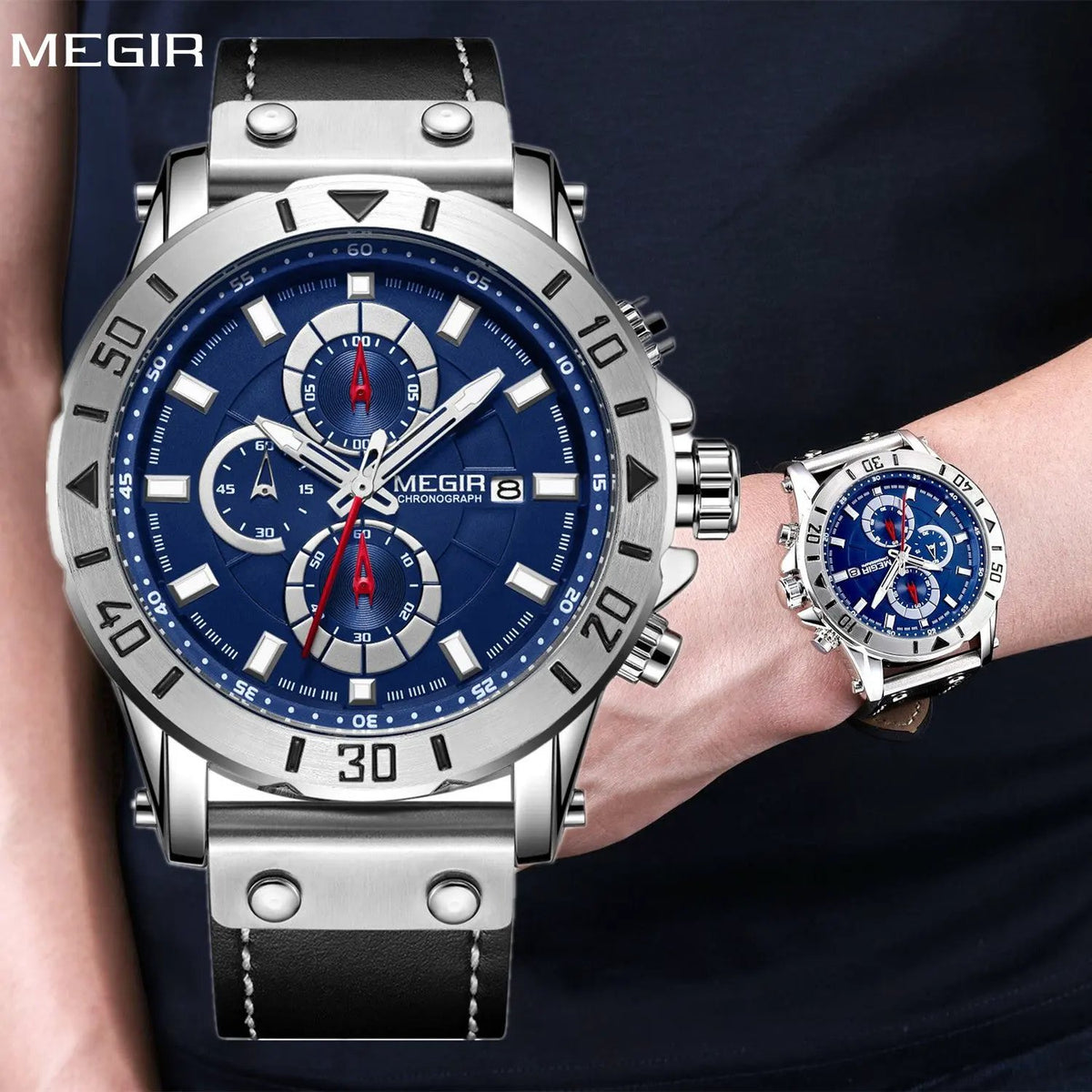 MEGIR Watch Men's Military Sport Wrist Watches Waterproof Leather Quartz Chronograph Calendar Luminous Clock Watch for Man 2081 by MEGIR WATCH GROUP