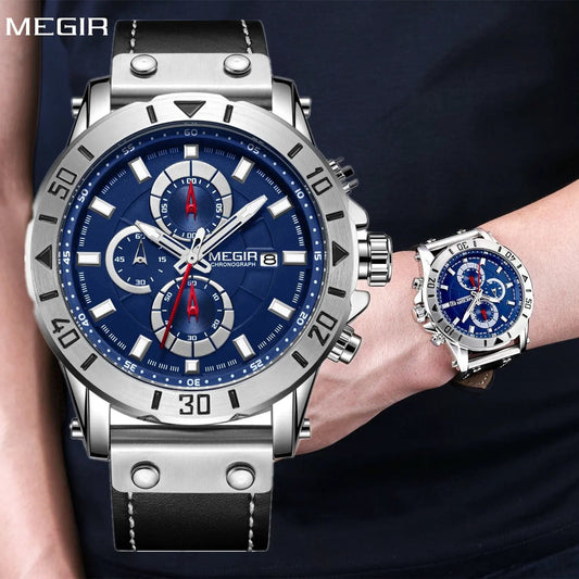 MEGIR Watch Men's Military Sport Wrist Watches Waterproof Leather Quartz Chronograph Calendar Luminous Clock Watch for Man 2081 by MEGIR WATCH GROUP