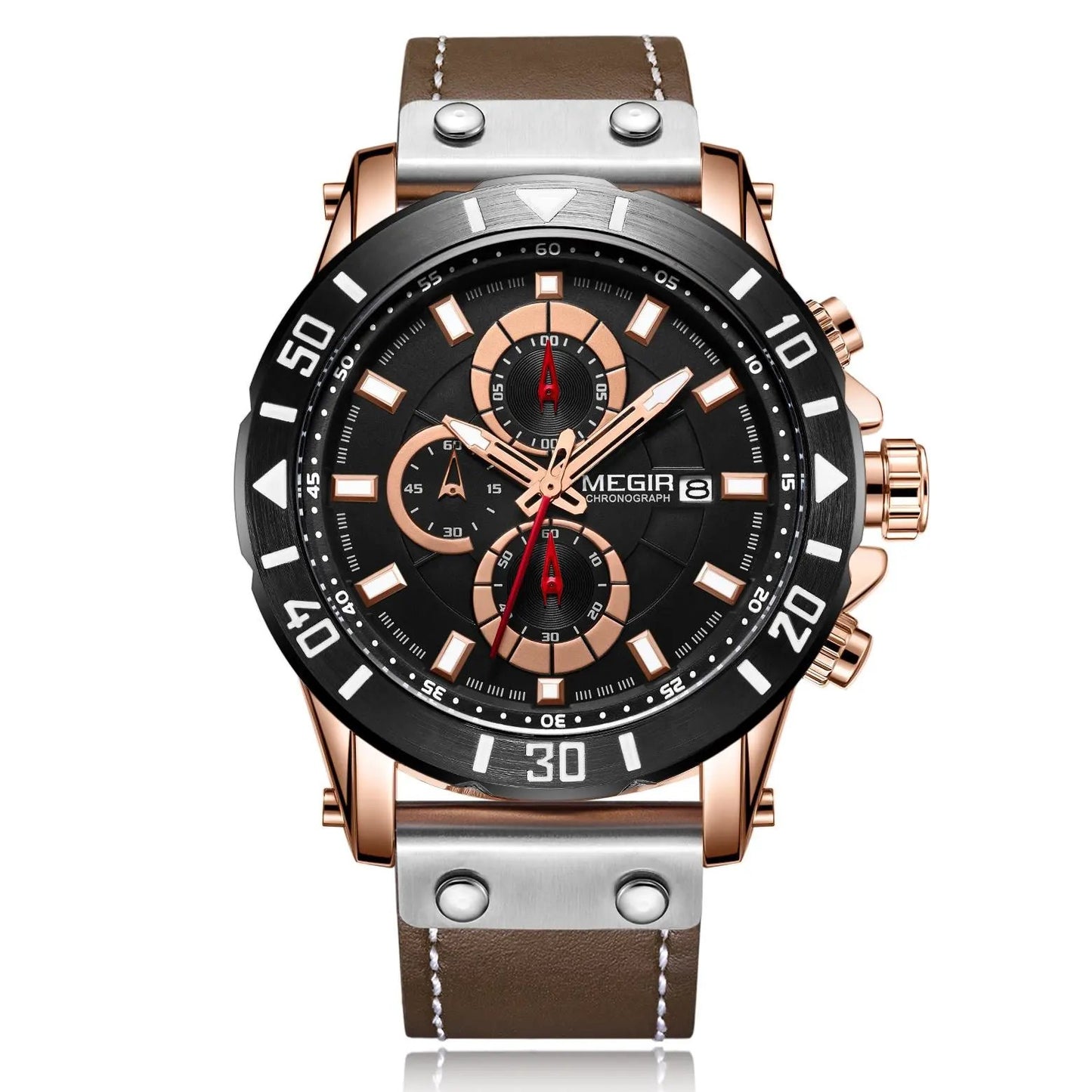 MEGIR Watch Men's Military Sport Wrist Watches Waterproof Leather Quartz Chronograph Calendar Luminous Clock Watch for Man 2081 by MEGIR WATCH GROUP