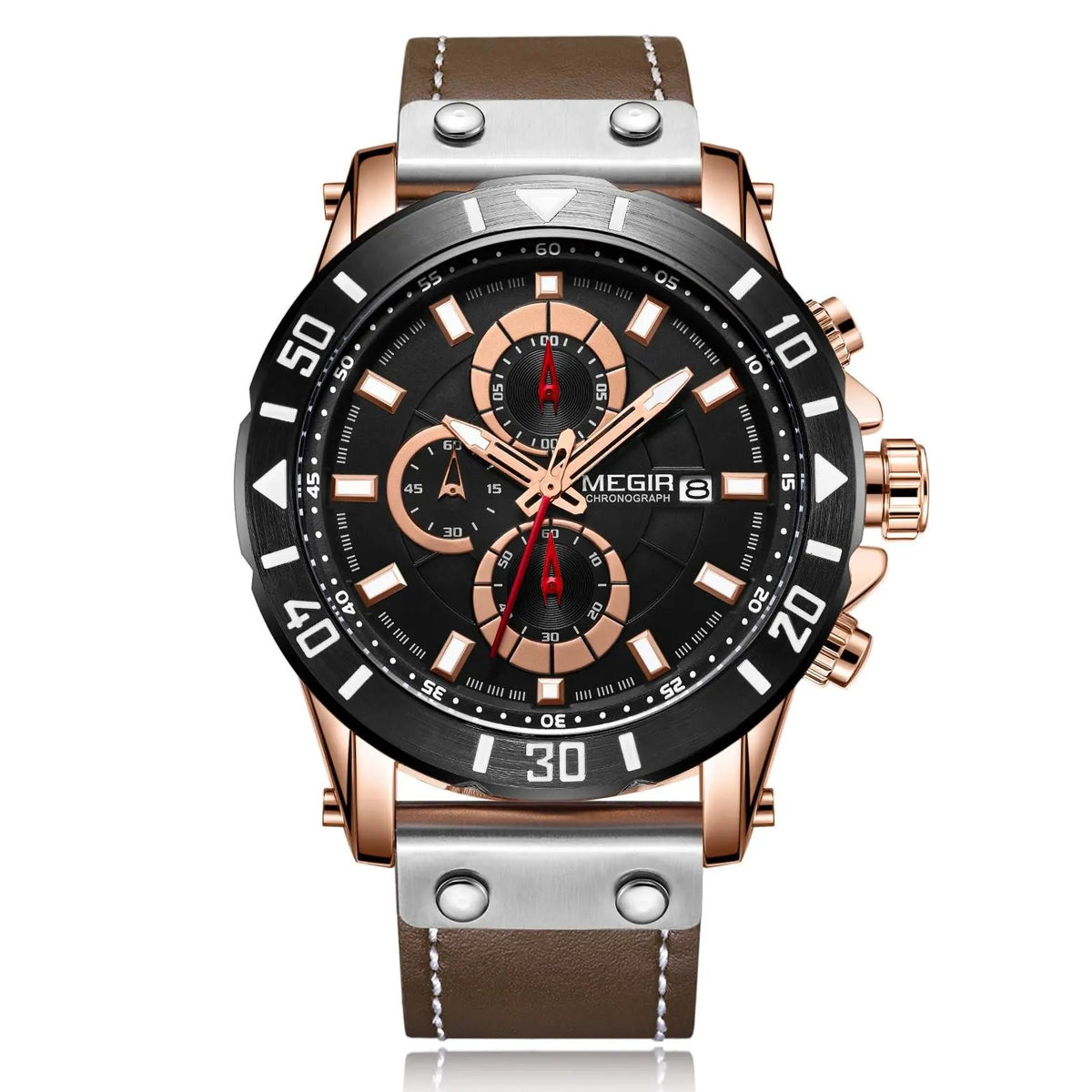 MEGIR Watch Men's Military Sport Wrist Watches Waterproof Leather Quartz Chronograph Calendar Luminous Clock Watch for Man 2081 by MEGIR WATCH GROUP