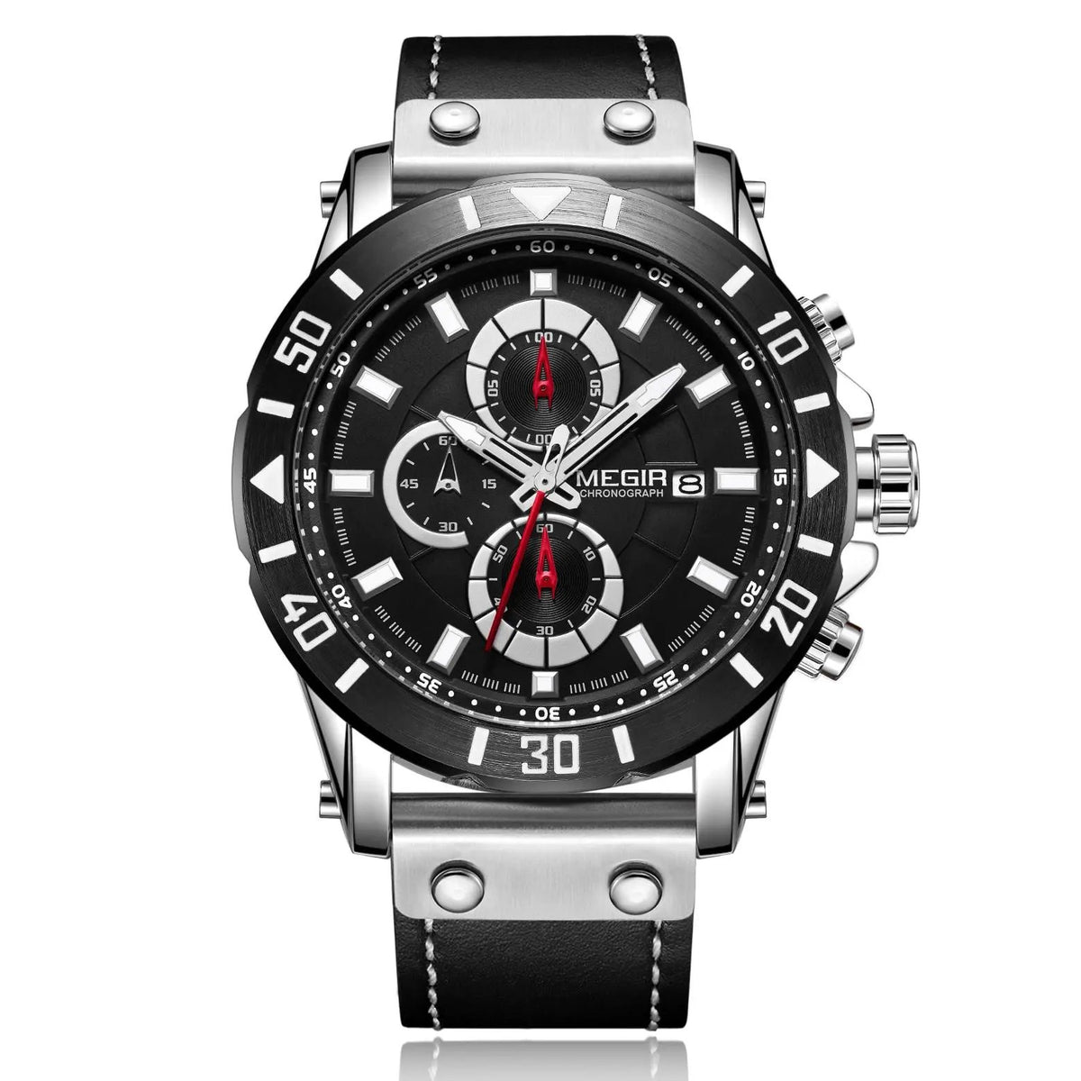 MEGIR Watch Men's Military Sport Wrist Watches Waterproof Leather Quartz Chronograph Calendar Luminous Clock Watch for Man 2081 by MEGIR WATCH GROUP