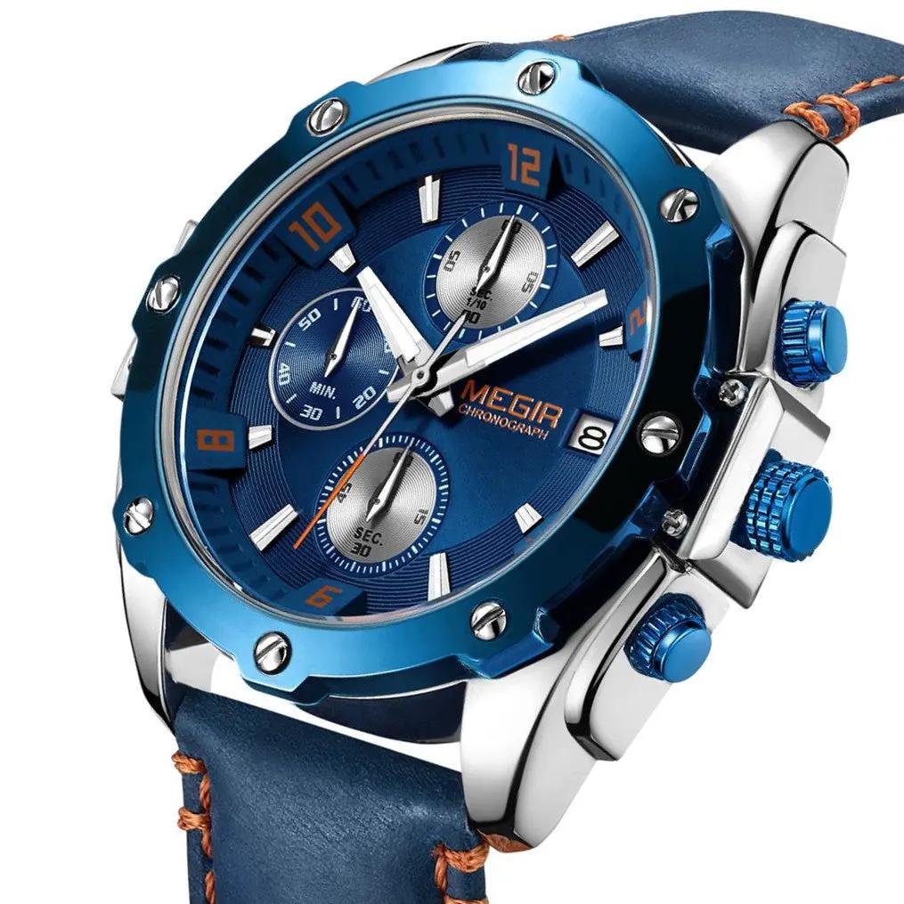 MEGIR Chronograph Men Business Watch Leather Strap Quartz Military Watch Clock Waterproof Date Clock Wristwatch Relogio Masculino 2074 by MEGIR WATCH GROUP