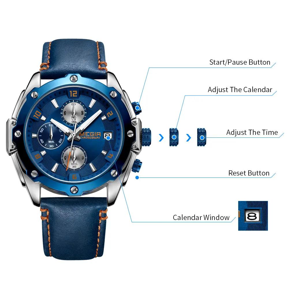 MEGIR Chronograph Men Business Watch Leather Strap Quartz Military Watch Clock Waterproof Date Clock Wristwatch Relogio Masculino 2074 by MEGIR WATCH GROUP