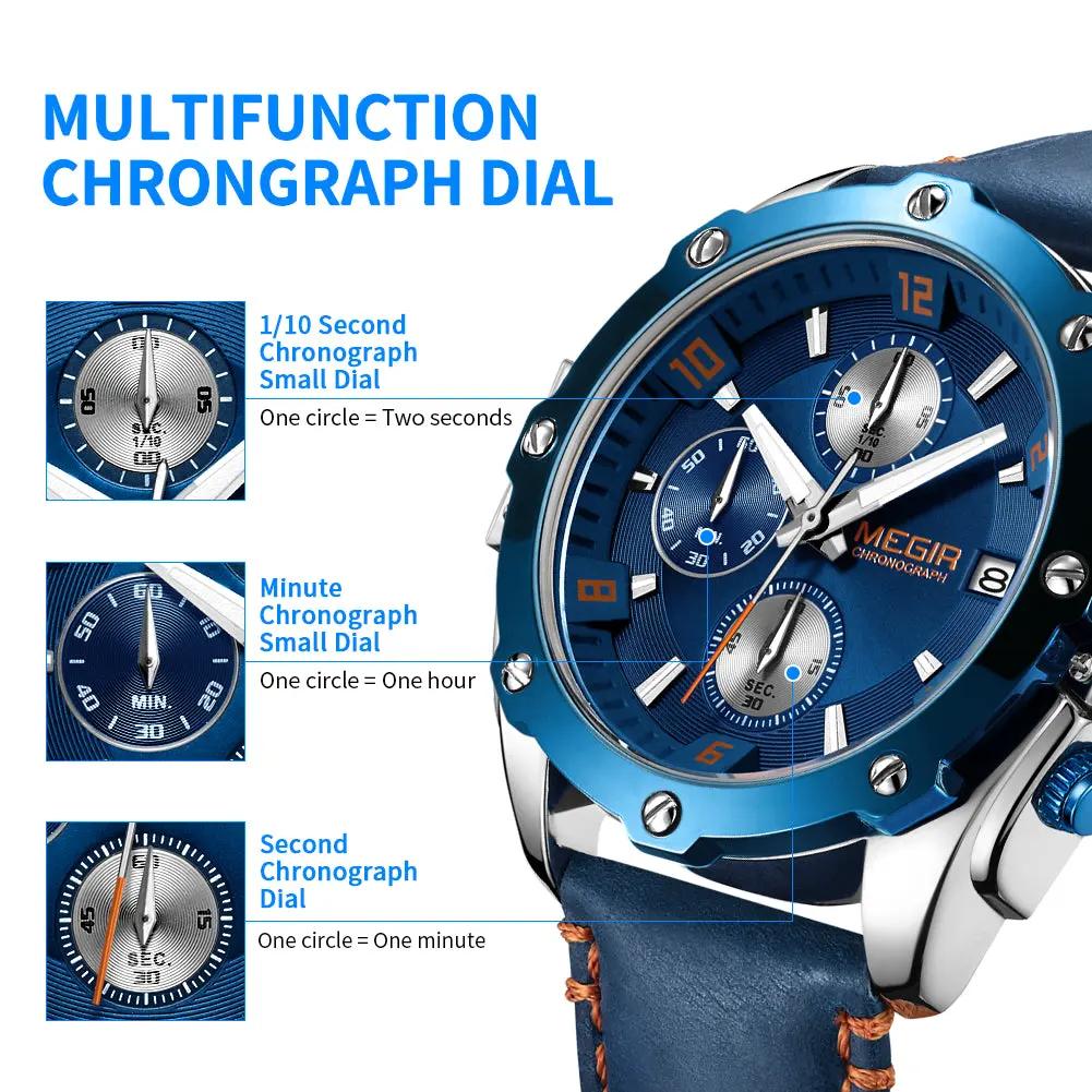 MEGIR Chronograph Men Business Watch Leather Strap Quartz Military Watch Clock Waterproof Date Clock Wristwatch Relogio Masculino 2074 by MEGIR WATCH GROUP