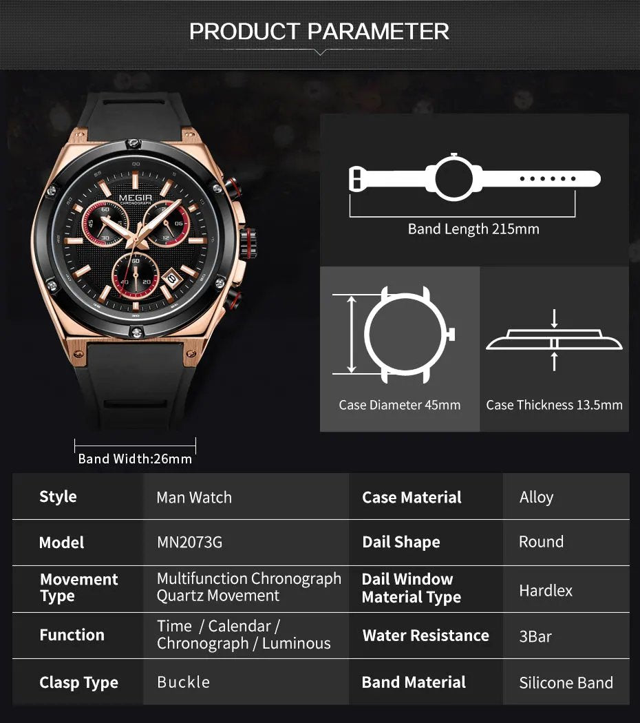 MEGIR Mens Watches Silicone Quartz Wrist Watch Chronograph Fashion Sport Business Wristwatch Luminous Male Clock Montre Homme 2073 by MEGIR WATCH GROUP