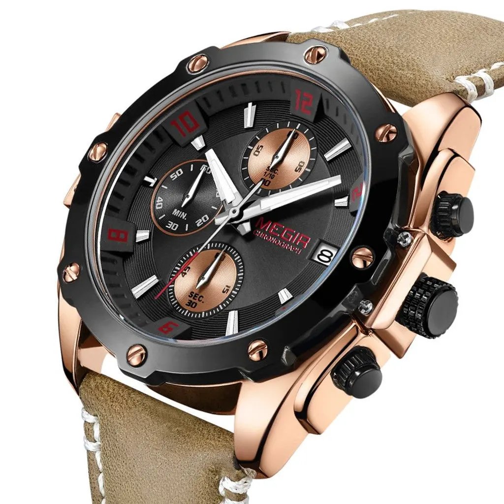 MEGIR Chronograph Men Business Watch Leather Strap Quartz Military Watch Clock Waterproof Date Clock Wristwatch Relogio Masculino 2074 by MEGIR WATCH GROUP