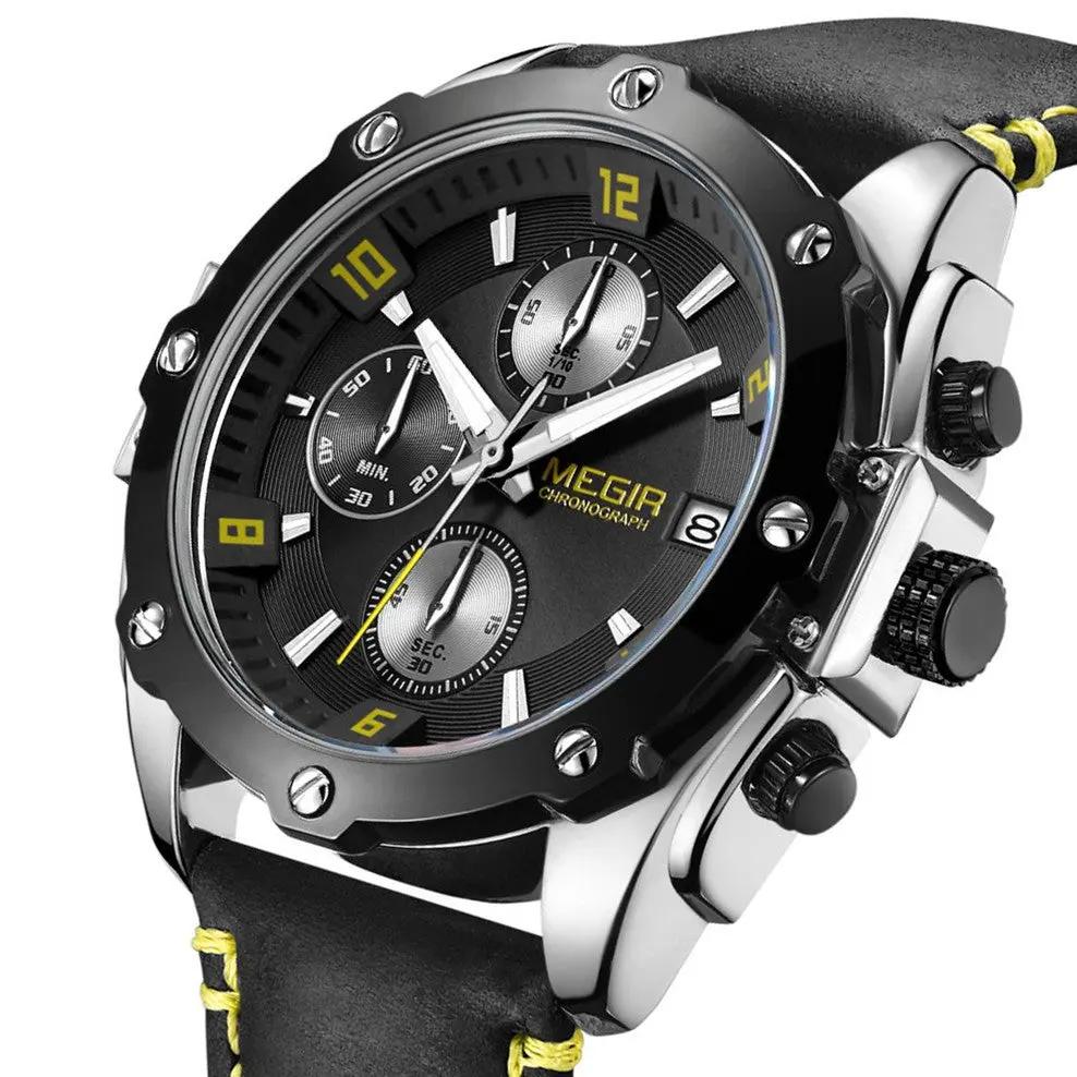 MEGIR Chronograph Men Business Watch Leather Strap Quartz Military Watch Clock Waterproof Date Clock Wristwatch Relogio Masculino 2074 by MEGIR WATCH GROUP