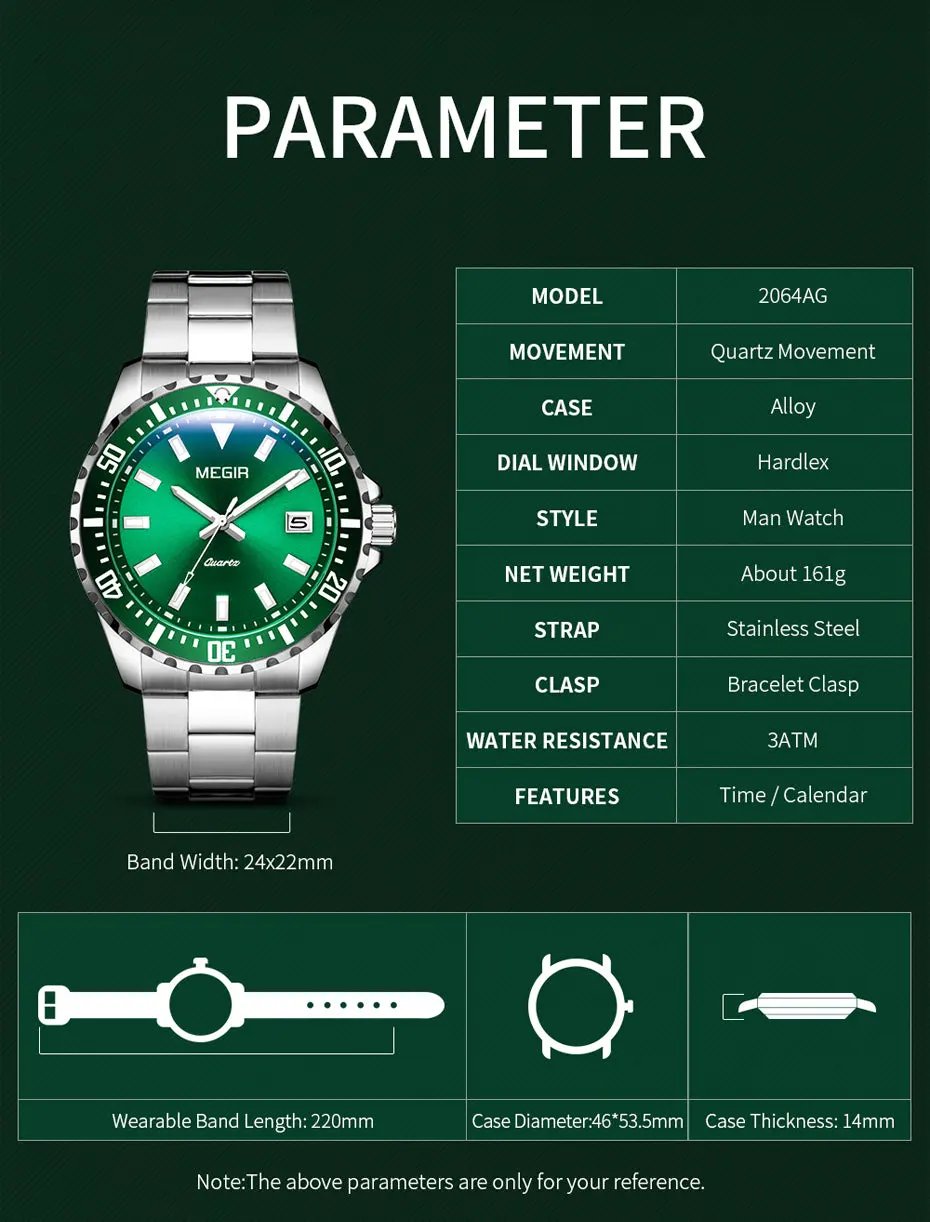 MEGIR Fashion Men Watches Top Luxury Stainless Steel Quartz Wristwatch Calendar Luminous Clock Large Dial Relogio Masculino 2064AG by MEGIR WATCH GROUP