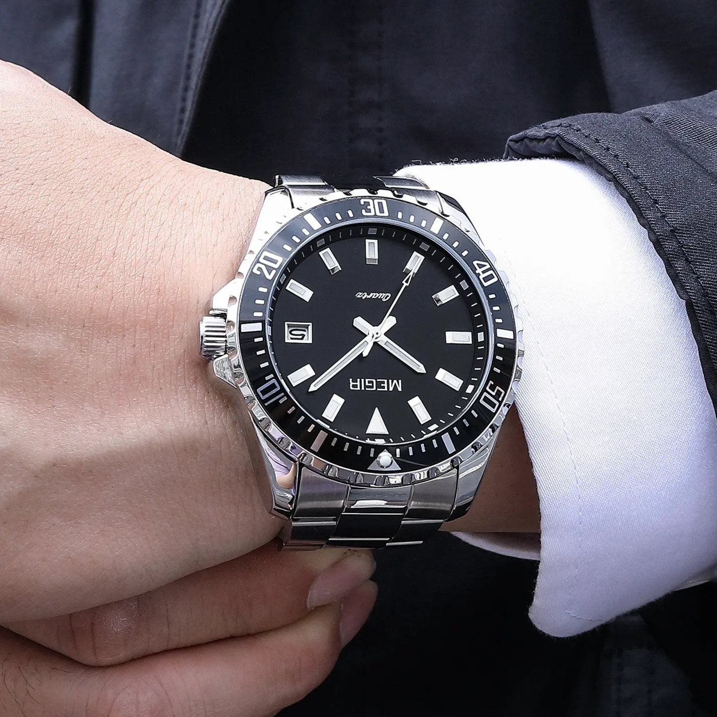 MEGIR Fashion Men Watches Top Luxury Stainless Steel Quartz Wristwatch Calendar Luminous Clock Large Dial Relogio Masculino 2064AG by MEGIR WATCH GROUP