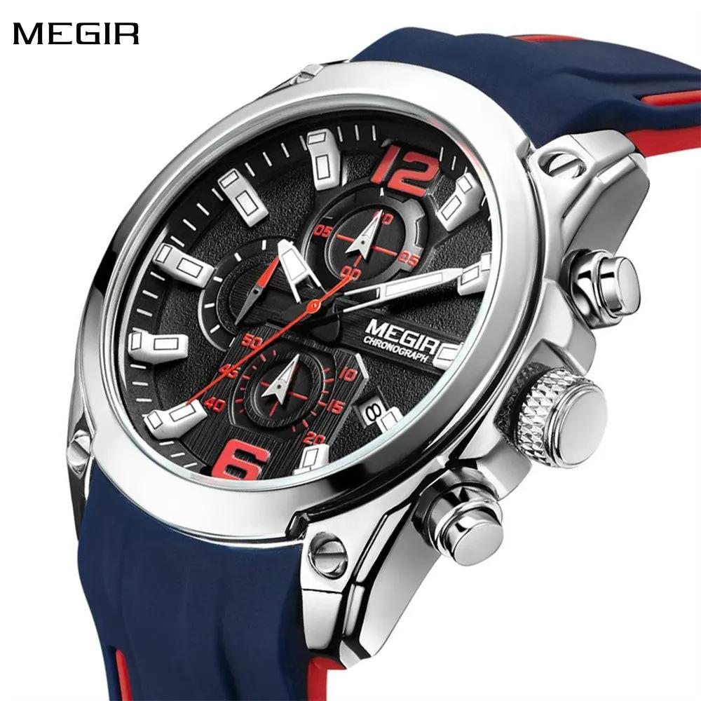 MEGIR Brand Luxury Big Dial Sport Quartz Watch for Men Waterproof Silicone Strap Chronograph Clock Wristwatch Reloj Hombre 2063 by MEGIR WATCH GROUP